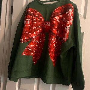 Festive Green Sweater with Red Bow 3XL